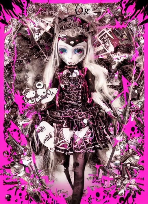 Image similar to spiked bloodmoon pixie sigil stars, goregrind album cover, baroque bedazzled gothic royalty frames surrounding a hellfire hexed witchcore aesthetic, dark vhs broken hearts, neon glyphs spiked pixelsort fairy kei decora doll, 8mm VHS footage of a japanese horror movie