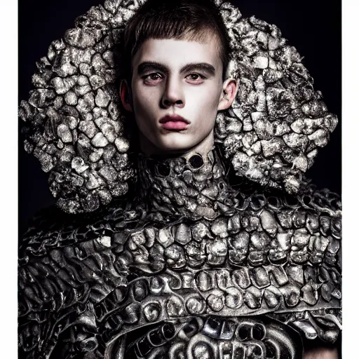 Prompt: a portrait of a beautiful young male wearing an alexander mcqueen armor made of ashes , photographed by andrew thomas huang, artistic