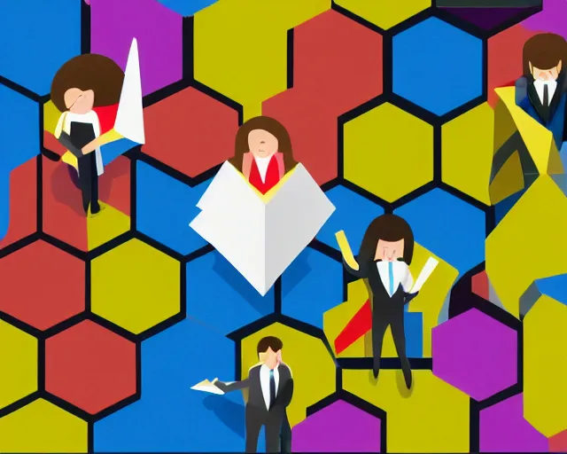 Prompt: A small group of miniature professional people holding white papers, isometric, highly detailed, sharp lines, hexagons, angular 16-color