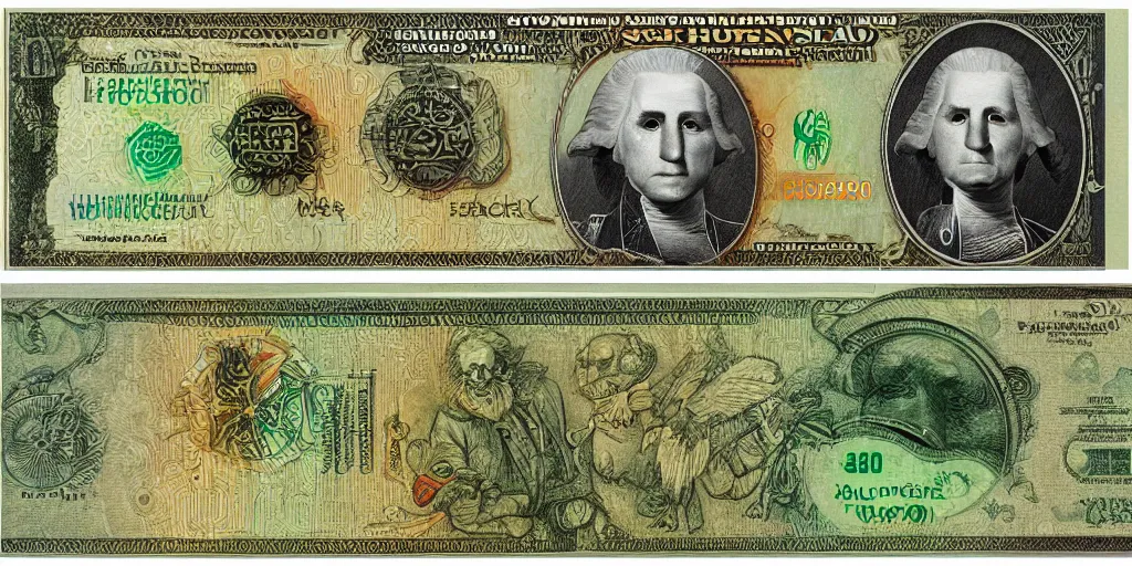 Prompt: high tech usd banknote, george washington, realistic, many small details, 8 k, sharp, clean, grid, by moebius, peter mohrbacher, doug mahnke, leonardo da vinci,