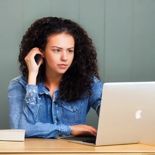 Prompt: photo of a young woman struggling to buy an apple laptop online