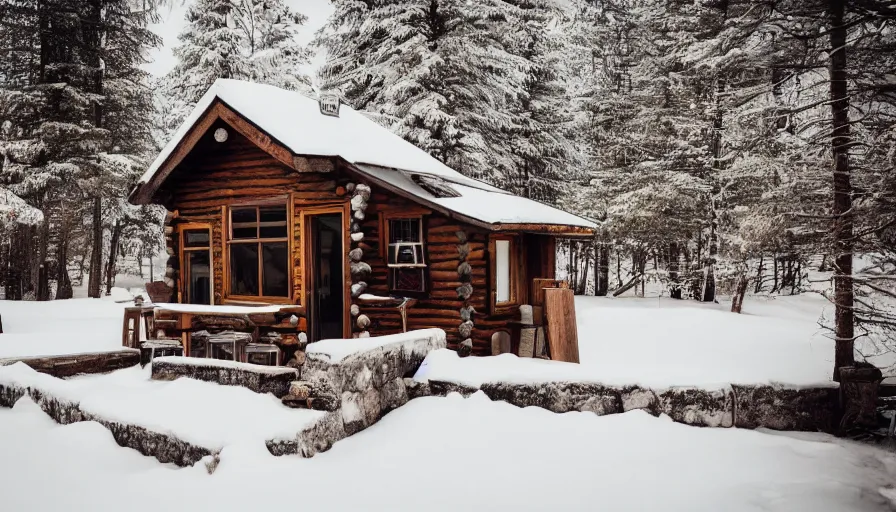 Image similar to empty cozy bar in small cabin, warm, outside winter landscape