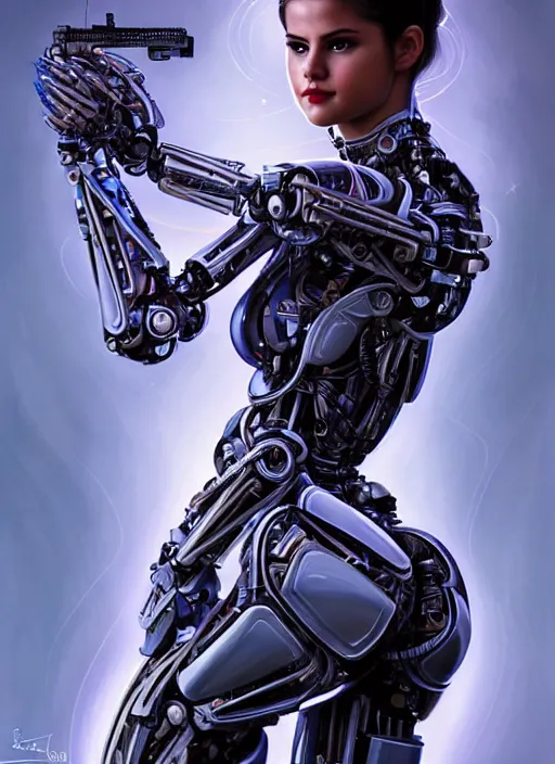 Image similar to portrait of a beautiful female robot from the future wearing biomechanical armor, selena gomez, carrying a rifle, intricate, elegant, glowing lights in armor, highly detailed, digital painting, artstation, glamor pose, concept art, smooth, sharp focus, illustration, epic angle, art by artgerm and greg rutkowski, artey freytag, alvin schwartz