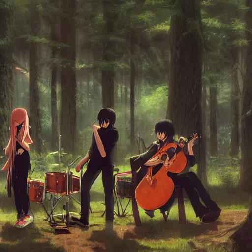 Image similar to emo band playing music performing in the woods, hyperrealistic, trending on pixiv fanbox, painted by greg rutkowski makoto shinkai takashi takeuchi studio ghibli, akihiko yoshida