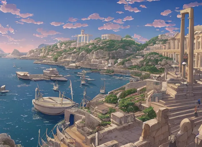 Image similar to An ancient greece harbor city, peaceful and serene, incredible perspective, soft lighting, anime scenery by Makoto Shinkai and studio ghibli, very detailed