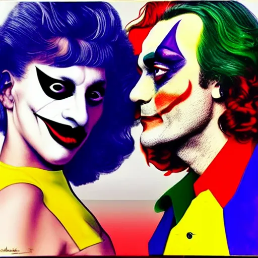 Image similar to richard hamilton and mimmo rottela as lady gaga harley queen and joaquin phoenix joker kissing, pop art, medium long shot, 2 color, justify content center, object details, dynamic composition, 4 k, ultra realistic art, smooth, sharp focus, illustration, concept art, intricate details, h 7 6 8