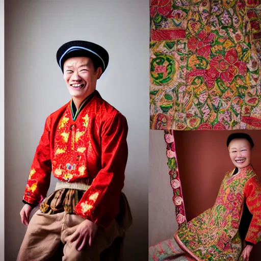 Image similar to photography of smiling kim chen in. kim chen in is wearing traditional - ukrainian folk shirt designed by taras shevchenko.