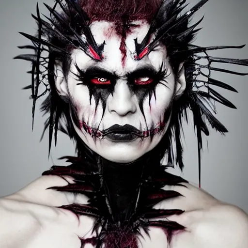 Image similar to a demon inspired by crows created by the make up artist hungry, photographed by andrew thomas huang, cinematic, expensive visual effects