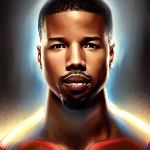 Image similar to michael b jordan as superman, digital painting, extremely detailed, 4 k, intricate, brush strokes, mark arian, artgerm, bastien lecouffe - deharme