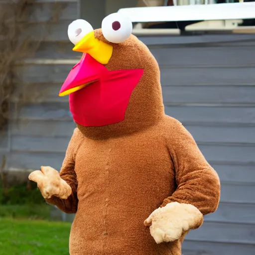 Image similar to a middle aged man in a poorly done chicken costume