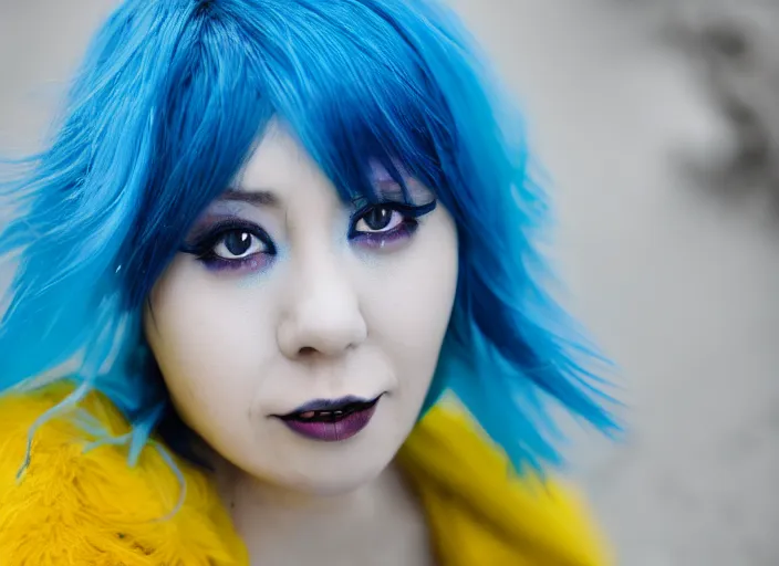 Image similar to dslr portrait photo still of rimuru tempest with blue hair and yellow!!! eyes!!!, 8 k, 8 5 mm f 1. 8