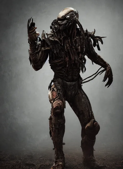 Image similar to a photorealistic dramatic hyperrealistic render of predator, ultra realistic details, well worn, rust, oil stains by vitaly bulgarov and mike nash, beautiful dramatic dark moody tones and lighting, cinematic atmosphere, studio lighting, global illumination, shadows, dark background, octane render, 8 k