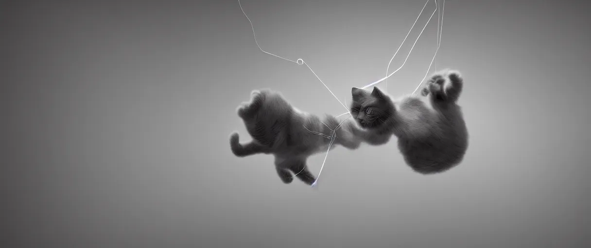 Image similar to 3 d render of cat playing with yarn in non - euclidean space, dynamic motion, concept art, high detail, artstaion, dark atmosphere, noir, 4 k