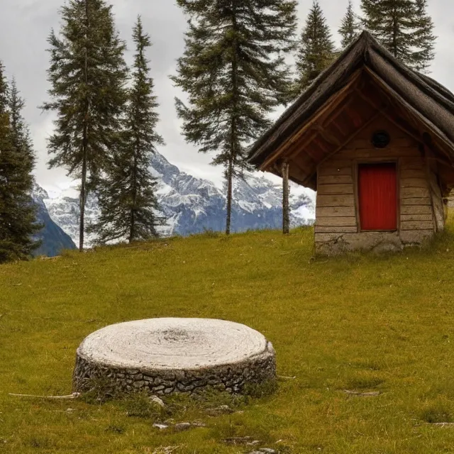 Prompt: a small hut with a pointed wooden roof, a round window, behind 3 large fir trees, in the background the swiss alps, artem demura