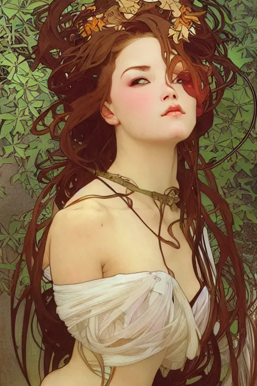 Prompt: realistic detailed portrait of a very beautiful ninja girl by alphonse mucha, charlie bowater, flowing wires with leaves, artgerm