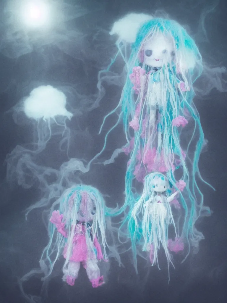 Image similar to cute fumo plush smiling ectoplasmic jellyfish ghost girl waving in deep fog over mysterious waters, patchwork doll chibi gothic maiden in tattered melting rags, glowing pink wisps of hazy green smoke and eerie blue volumetric fog swirling about, moonlight, glowing lens flare, black and white, vray