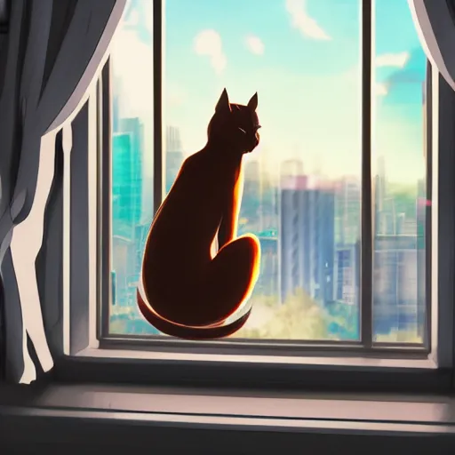 Prompt: a cat sitting on the window ledge watching over a beautiful anime city in the style of Tue Tue on ArtStation and Ayush Pant on ArtStation, the cat is pictured from behind, 4k,