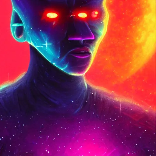 Prompt: portrait from a raven crow alien, synthwave, universe background, nebula, galaxy, artstation