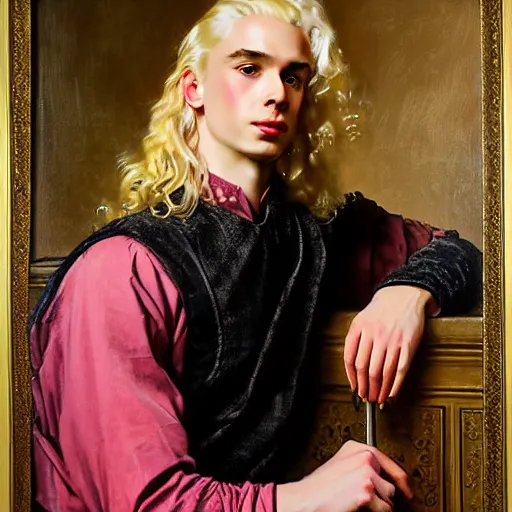 Prompt: beautiful portrait painting of Viserys Targaryen with long curly blond hair, delicate young man wearing a wispy pink silk dress smiling sleepily at the viewer, symmetrically parted curtain bangs, in love by J.C Leyendecker and Norman Rockwell