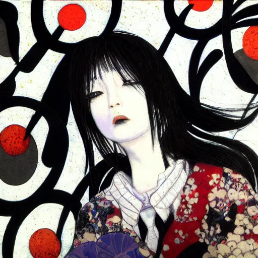 Image similar to yoshitaka amano blurred and dreamy realistic portrait of a woman with black eyes and white hair wearing dress suit with tie, junji ito abstract patterns in the background, satoshi kon anime, noisy film grain effect, highly detailed, renaissance oil painting, weird portrait angle, blurred lost edges, three quarter view