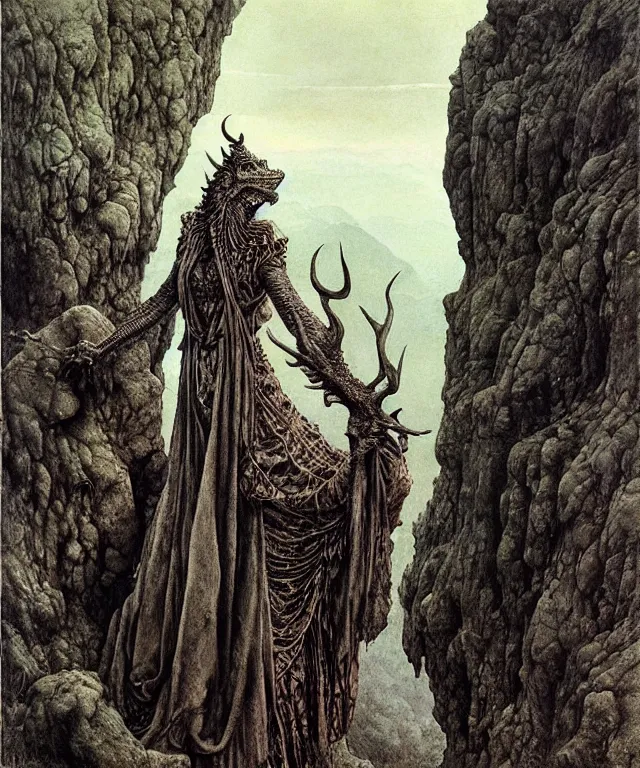 Image similar to A detailed horned crocodilewoman stands among the hills. Wearing a ripped mantle, robe. Perfect faces, extremely high details, realistic, fantasy art, solo, masterpiece, art by Zdzisław Beksiński, Arthur Rackham, Dariusz Zawadzki