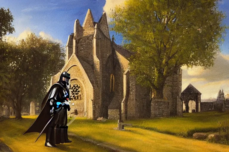 Image similar to a detailed oil painting of darth vader leaving a medieval flint church,, quaint english, churchyard, trees, golden hour