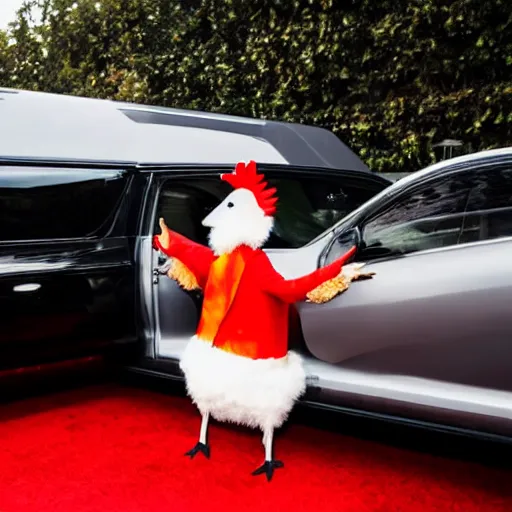 Image similar to a wide shot from a low angle of a chicken dressed in a suit stepping out of a limo and onto a red carpet