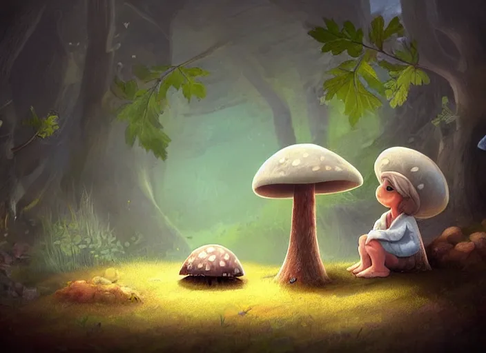 Image similar to a cute creature sitting next to a mushroom, illustration for a children's book, digital art, detailed, rim light, exquisite lighting, clear focus, very coherent, soft lighting, character design, concept, atmospheric, dystopian, sci - fi, dark, trending on artstation, fog, sun flare