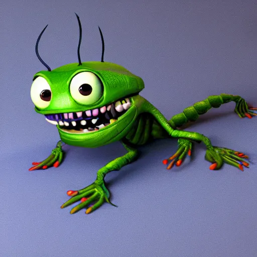 Image similar to cute anthropomorphic alien caterpillar creature with many legs and big eyes detailed character concept 3 d pixar style render 4 k