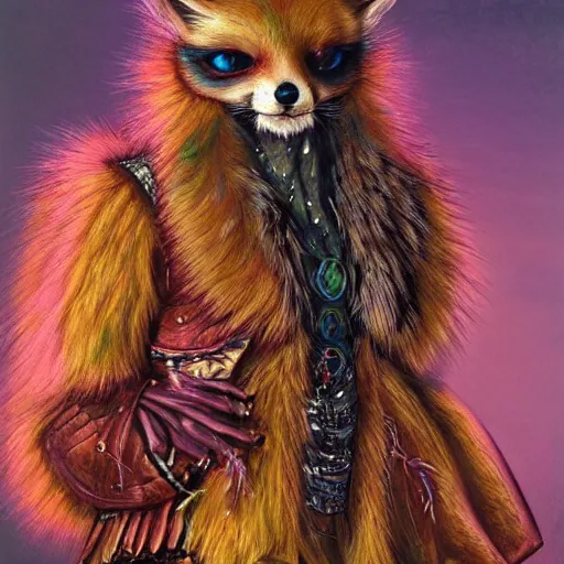 Prompt: a photorealistic portrait of a being, long fluffy fox fur and ears, wearing a painted fox skull mask, clothes themed on a peacock mage with 9 feathered tails, painting by jeff easley, stylized, neon, vhs, 8 0 s, dnd beyond, chromal aberration, fae wilds sky