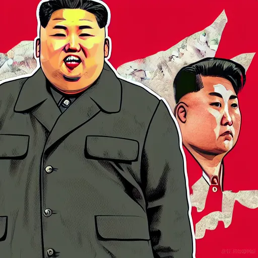 Image similar to illustration gta 5 artwork of kim - jong un, in the style of gta cover art, by stephen bliss