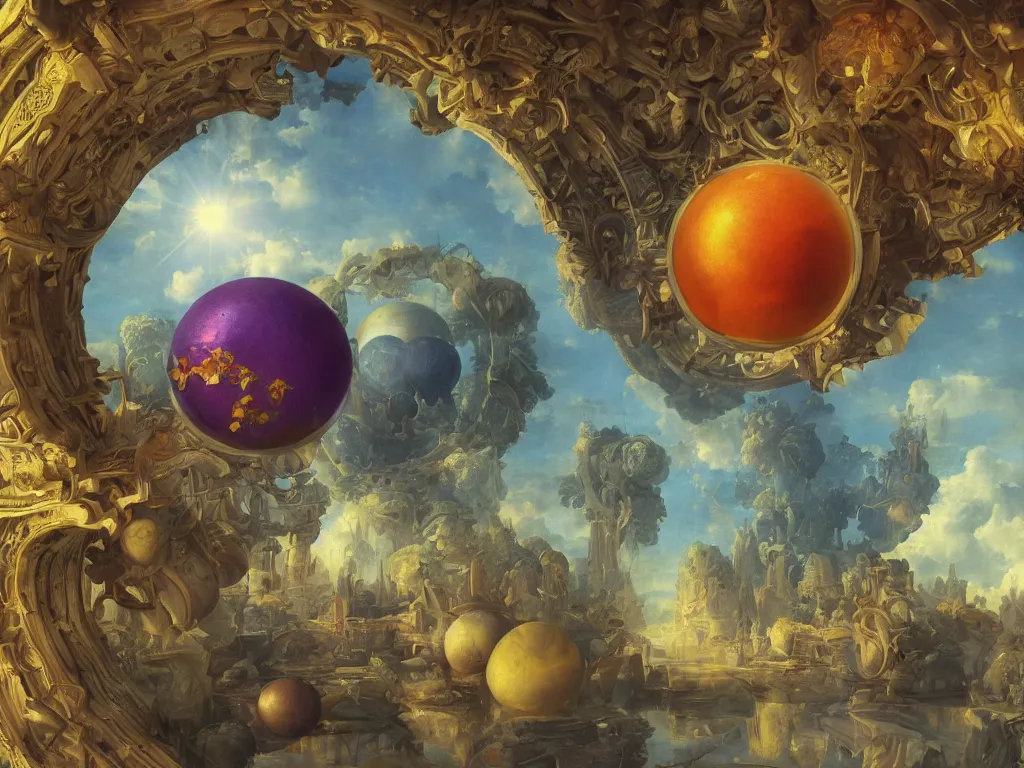 Image similar to 3 d render, sunlight study, the universe is a spheroid region 7 0 5 meters in diameter, art nouveau, by jan davidz de heem and ( ( ( ( ( lisa frank ) ) ) ) ), 8 k, sharp focus, octane render