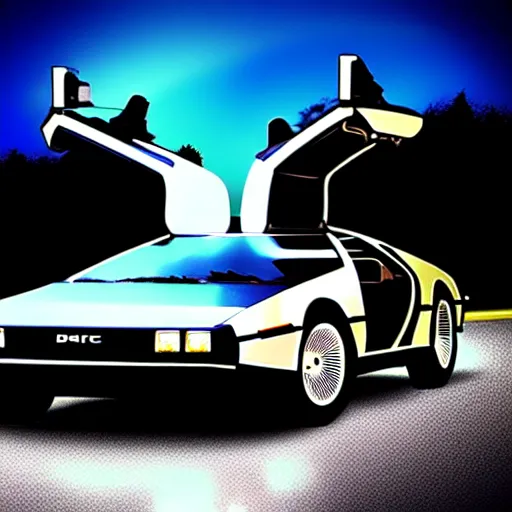 Image similar to futuristic delorean time machine at night in the rain driving on the highway