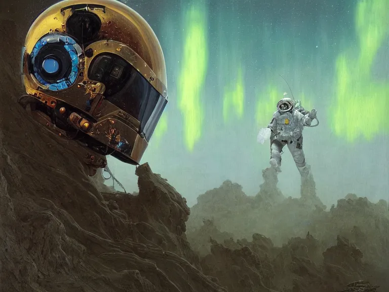 Image similar to a detailed profile oil painting of a lone shock trooper in a spacesuit with reflective helmet, technology flight suit, bounty hunter portrait symmetrical and science fiction theme with lightning, aurora lighting clouds and stars by beksinski carl spitzweg and tuomas korpi. baroque elements, full-length view. baroque element. intricate artwork by caravaggio. Trending on artstation. 8k