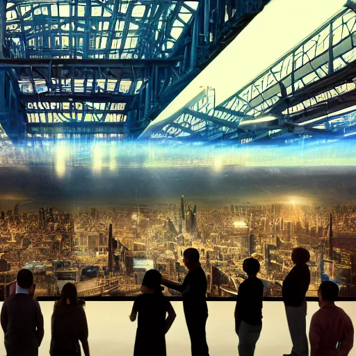 Prompt: large group people in a warehouse, looking at hologram of futuristic city on a table, cinematic concept art, godrays, golden hour, natural sunlight, 4 k, clear details, tabletop model buildings, tabletop model, hologram center, crane shot, crane shot, crane shot