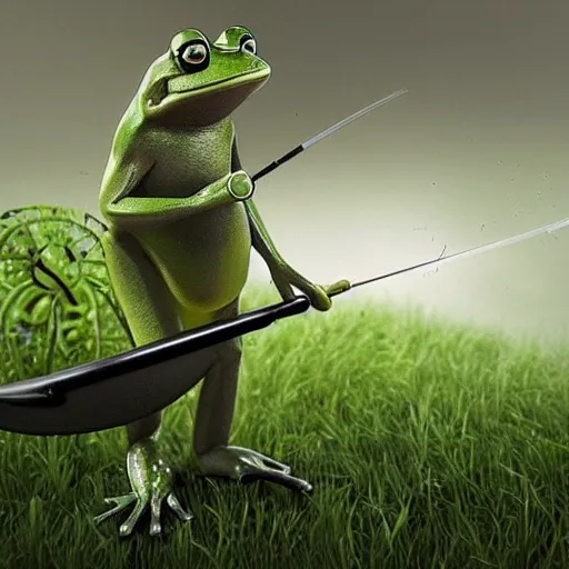 Prompt: a beautiful photo of singular frog cutting grass with a scythe, trending on artstation