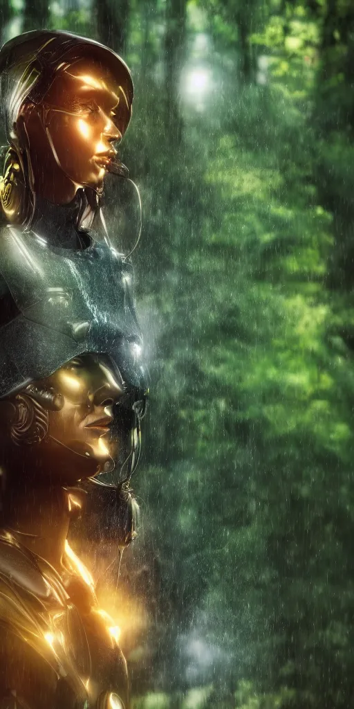 Image similar to a photorealistic cyborg, in a beautiful forest with sunshine and tropical rain clouds, golden hour, trending on theater, 4K, cinematic, cinematograhic lighting, UHD, HDR