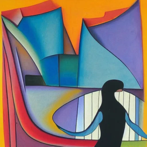 Prompt: woman woman dances with grace by the river and crosses the bridge at sunset , abstract art in the style of cubism and georgia o’keefe ,