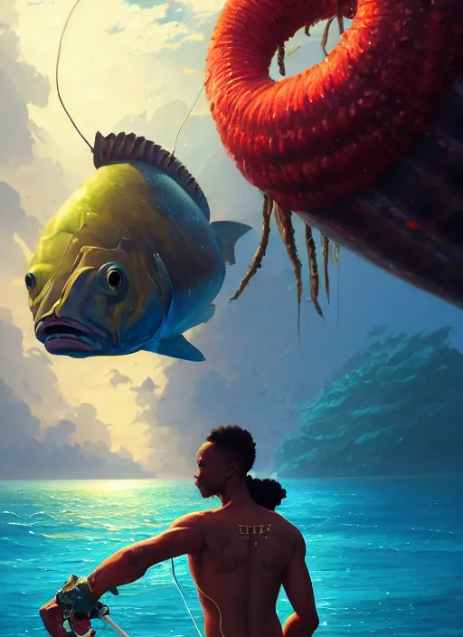 Image similar to portrait of a male jamaican fisherman sci - fi glowing fishing armor muscular caribbean intricate elegant highly detailed digital painting artstation concept art, ocean background, jamaican colors, cinematic, greg rutkowski, loish, rhads, ferdinand knab, makoto shinkai and lois van baarle, ilya kuvshinov, rossdraws, tom bagshaw