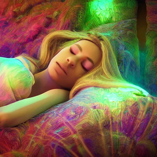 Image similar to photorealistic goddess sleeping in a 4 d dmt world. hyperdetailed photorealism, 1 0 8 megapixels, amazing depth, high resolution, 3 d shading, 3 d finalrender, 3 d cinematic lighting, glowing rich colors, psychedelic overtones, artstation concept art.