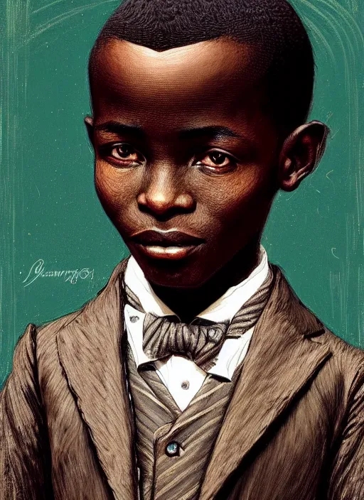 Prompt: a portrait of an african boy with a crooked nose in victorian clothing, confident pose, intricate, elegant, sharp focus, illustration, highly detailed, concept art, matte, trending on artstation, anime, art by james jean and artgerm and brian despain and alberto mielgo, greg rutkowski, wlop, ilya kuvshinov, strong strokes