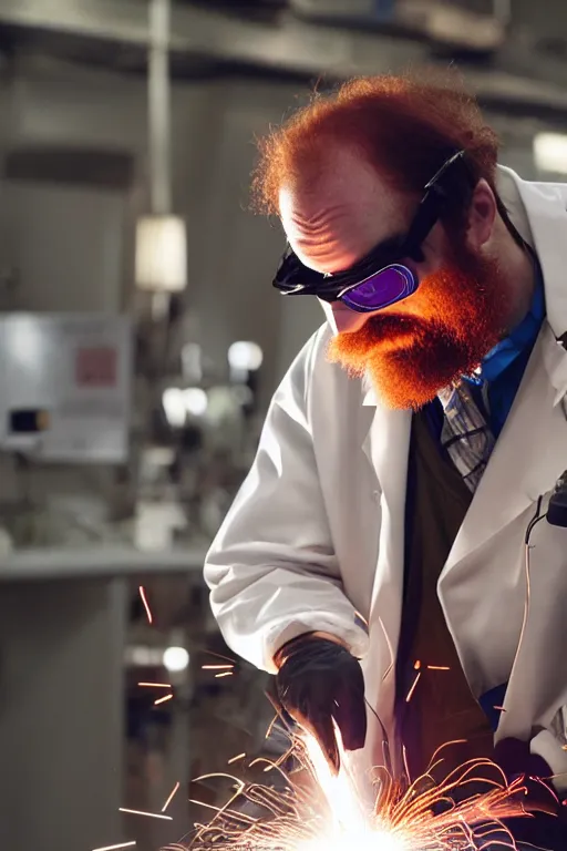 Image similar to an awkwardly tall scientist with a tangled beard and unruly red hair atop his balding head wearing a labcoat and welding goggles and holding a beaker, high resolution film still, movie by Ivan Reitman