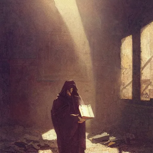 Image similar to half portait of magican wearing a closed cowl with big old book!, jeremy mann, jean leon gerome, tiepolo, alphonse mucha, greg rutkowski, face in the shadows, ( ( ruins of ancient rome ) ), at dusk, mysterious atmosphere, sunrays, dof, masterpiece, high detailed, 8 k