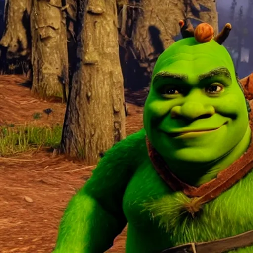 Image similar to gameplay footage of Shrek in red dead redemption 2