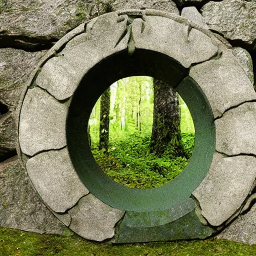 Image similar to stone stargate, mossy, portal to another world