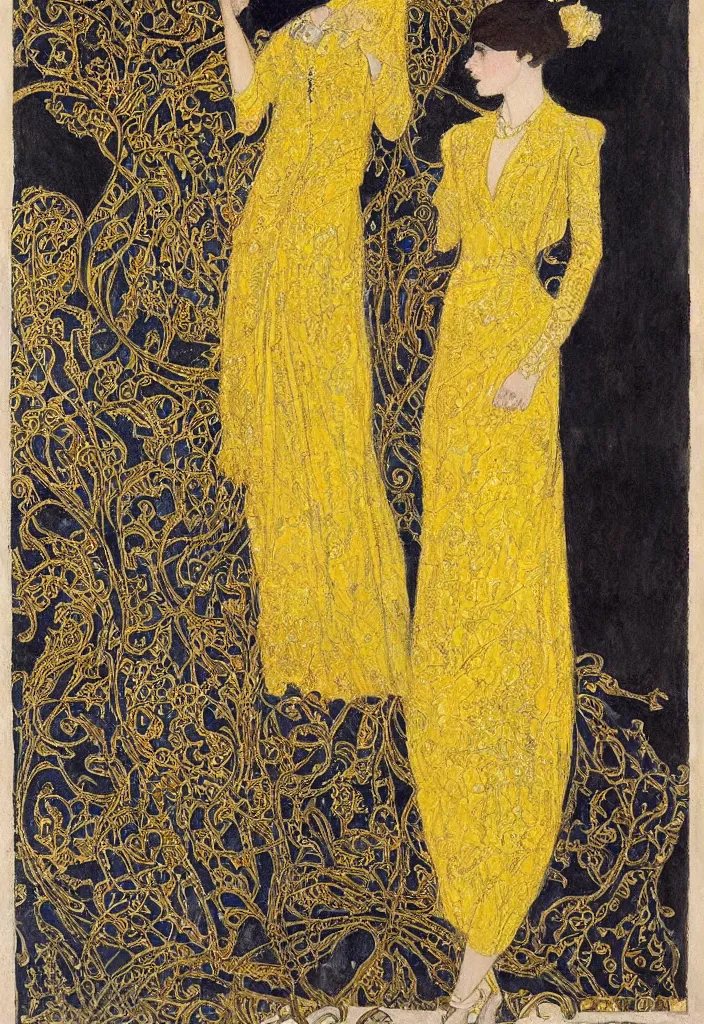 Image similar to a young woman looks deeply into the viewer, 1920's london street, art nouveau, extravagant fashion, intricate yellow dress with gold trims, lacey, dark streets, grungy, style of and Gustav Klimpt, color painterly