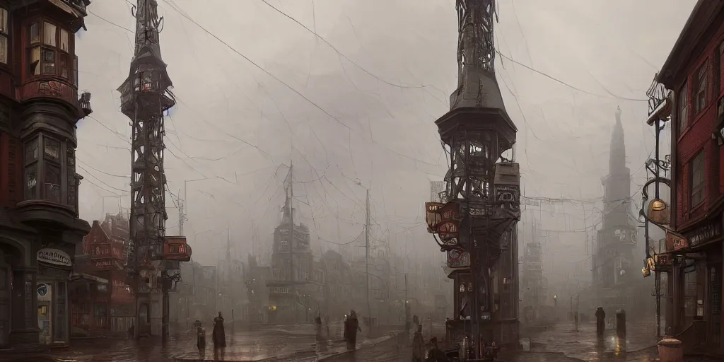 Prompt: A street-level view of a gloomy fantasy Victorian-era town, single-point perspective centered in a radio tall, foreboding radio tower with cast-iron walkways; muted colors cloudy weather by Simon Stålenhag and Thomas Kinkade and Greg Rutkowski, trending on artstation, 4k