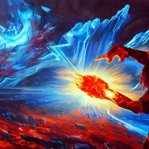 Image similar to Highly detailed oil painting, concept art, of a wizard casting a fireball spell, fighting against a huge ice giant, red and blue color scheme, concept art, highly detailed.