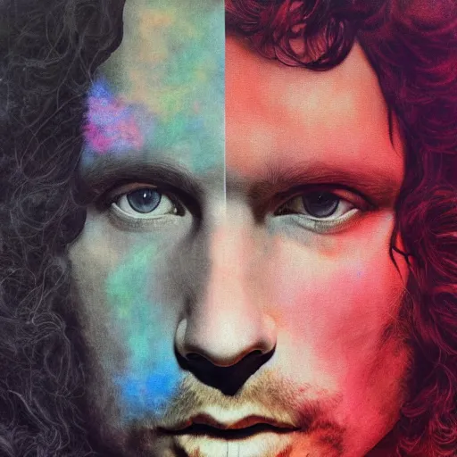 Prompt: colour masterpiece surreal closeup portrait photography jim morrison by miho hirano and annie leibovitz and michael cheval, psychedelic smoke background, 8 k