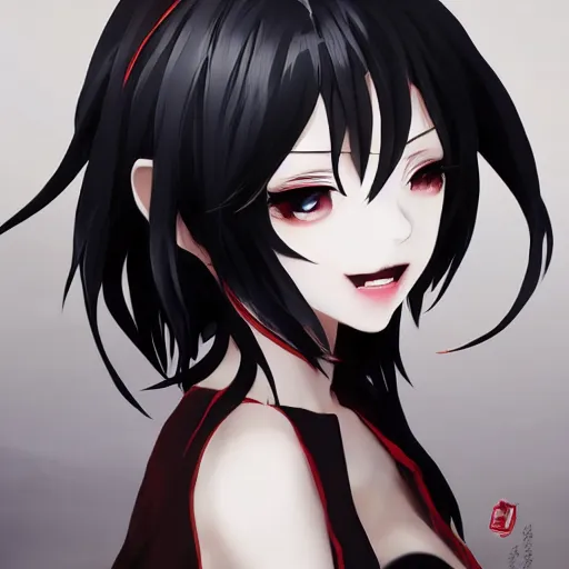 Image similar to beautiful vampire anime girl art by yan gisuka, JeonSeok Lee, artgerm, rosario, Ross draws, zeronis, Chengwei Pan on artstation #short hair #black hair